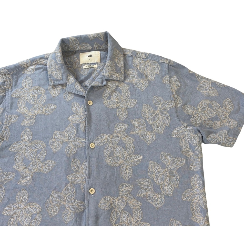 Folk button up shirt men's large linen blend blue floral print